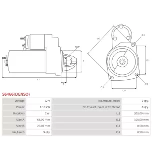 Démarreur 12V 1.10kW 9 dents AS-PL UD815157(DENSO)S, BOSCH 0001107401