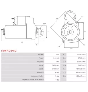 Démarreur 12V 1.10kW 10 dents AS-PL UD815149(DENSO)S, DENSO DSN3001, FORD 1011331, 1018883, 1063999