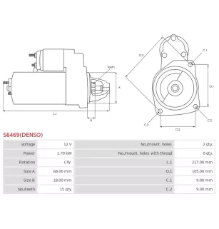 Démarreur 12V 1.70kW 15 dents AS-PL UD808764(DENSO)S, CARGO 116257