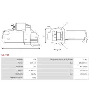 Démarreur 12V 1.70kW 11 dents AS-PL UD19725S, DENSO 428000-9700, JAGUAR C2D20224, CX2311001BC, 3EFFE PRSE278