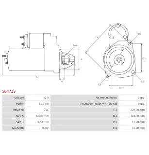 Démarreur 12V 1.10kW 9 dents AS-PL UD18928S, UD21187S, DENSO 228000-8330, HONDA 31200-PCX-A0,1 31200-PCX-A02