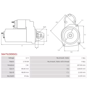 Démarreur 12V 2.7kW 10 dents AS-PL UD810309(DENSO)S, DENSO 228000-7810