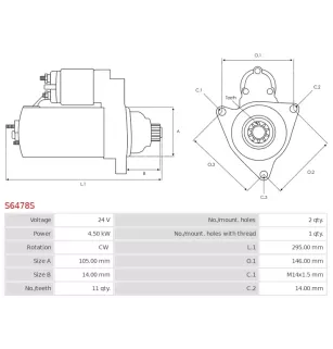 Démarreur 24V 4.50kW 11 dents AS-PL UD90600S, DELCO DRS3255, DENSO 128000-1700, 128000-1790, 128000-3080