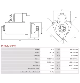 Démarreur 12V 1.90kW 11 dents AS-PL UD810129(DENSO)S, DELCO DRS1162