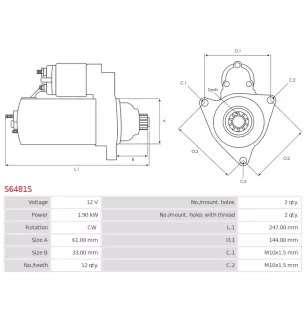 Démarreur 12V 1.90kW 12 dents AS-PL S6481S, UD18546S, DELCO DRS1222, DENSO 438000-1540, 438000-1541