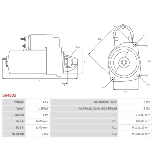 Démarreur 12V 1.10kW 8 dents AS-PL UD18547S, DENSO 428000-4330, 428000-4331, TOYOTA 28100-0J040, 28100-0J041
