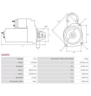 Démarreur 12V 1.70kW 13 dents AS-PL UD18651S, BMW 12418572918, 12418572919, 8572918, 8572919