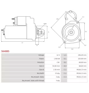 Démarreur 12V 1.90kW 13 dents AS-PL UD100749S, CARGO 116246, DENSO 438000-0820, 438000-0821, 438000-0822