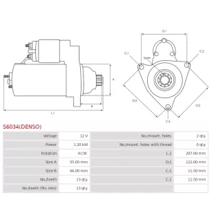 Démarreur 12V 1.20Kw 13 dents DENSO 228000-6271, 228000-6272