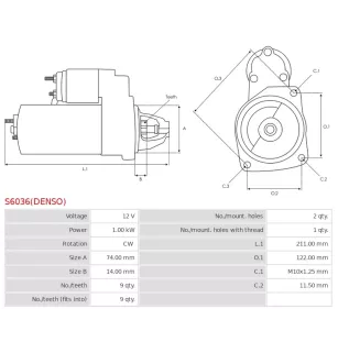 Démarreur 12V 1.00Kw 9 dents CASCO CST44101, CST44101AS,