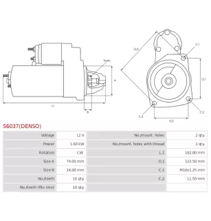 Démarreur 12V 1.60Kw 10 dents DENSO 428000-0022, 428000-0023,