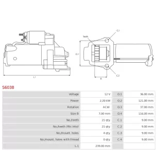 Démarreur 12V 2.20Kw 21 dents DENSO 428000-1630, 428000-4810, DSN942, PEUGEOT 5702FE, 5802AH, 5802AJ