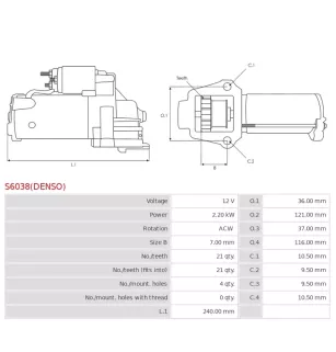 Démarreur 12V 2.20Kw 21 dents DENSO 428000-1630, 428000-4810,