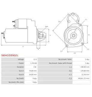 Démarreur 12V 1.30Kw 9 dents DENSO DSN949, 428000-6180,