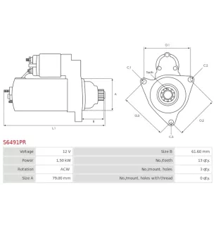 Démarreur 12V 1.50kW 13 dents BOSCH 0001179500, 0001179501, 0001179510, 0001179511, 0001179512