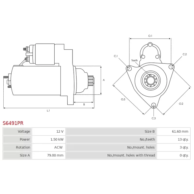 Démarreur 12V 1.50kW 13 dents BOSCH 0001179500, 0001179501, 0001179510, 0001179511, 0001179512
