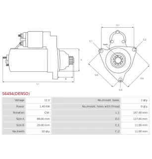 Démarreur 12V 1.40kW 10 dents AS-PL UD810322(DENSO)S, CARGO 114748