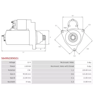 Démarreur 12V 2.00kW 15 dents AS-PL UD816057(DENSO)S, DELCO DRS0052, DENSO 128000-7300, 128000-7301, 228000-7110