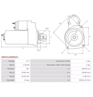 Démarreur 12V 1.30kW 10 dents AS-PL UD816051(DENSO)S, DELCO DRS1302