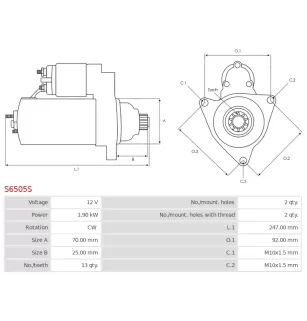 Démarreur 12V 1.90kW 13 dents AS-PL UD100986S, DENSO 438000-1980, 438000-1981, 438000-1982, 438080-1982