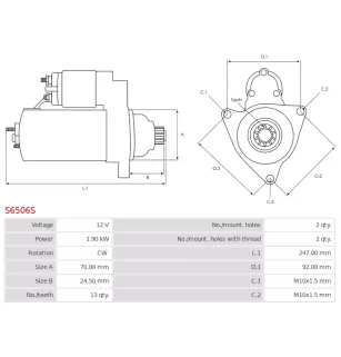Démarreur 12V 1.90kW 13 dents AS-PL UD100987S, DELCO DRS1229, DENSO 438000-1970, 438000-1971, 438000-1972
