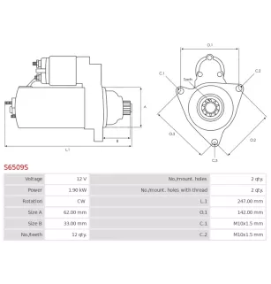 Démarreur 12V 1.90kW 12 dents AS-PL UD101241S, DENSO 428000-9710, 428000-9711, 428000-9712, 428080-9712