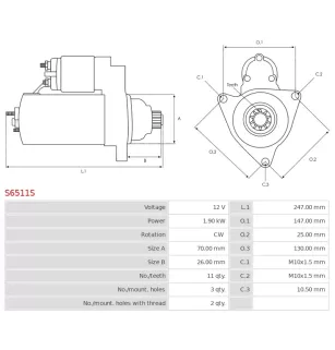 Démarreur 12V 1.90kW 11 dents AS-PL S6511S, UD101242S, DELCO DRS1224, DENSO 438000-1510, 438000-1511