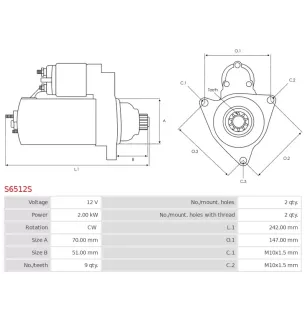 Démarreur 12V 2.00kW 9 dents AS-PL UD18544S, DENSO 428000-7390, FORD AR29-11001-AA, AR2Z-11000-AA, KRAUF STN1893