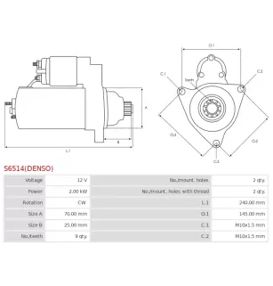 Démarreur 12V 2.00kW 9 dents AS-PL UD805085(DENSO)S, BOSCH 0986026550