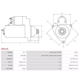 Démarreur 12V 2.00kW 9 dents AS-PL UD21476S, BOSCH 0986026550, CARGO 116286, DELCO DRS0918, DENSO 428000-5950