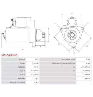 Démarreur 12V 1.50kW 13 dents AS-PL UD810146(DENSO)S, DELCO DRS1037