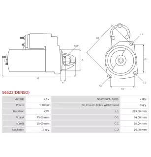 Démarreur 12V 1.7kW 15 dents AS-PL UD819293(DENSO)S, DENSO 260540-0130