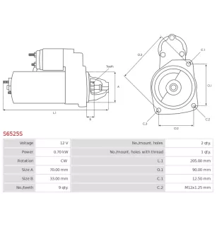 Démarreur 12V 0.70kW 9 dents AS-PL UD102140S, BOSCH 0986027020, CARGO 115598, DELCO DRS0879, DENSO 428000-3460