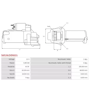 Démarreur 12V 0.80kW 9 dents AS-PL UD810332(DENSO)S, DENSO 228000-9260