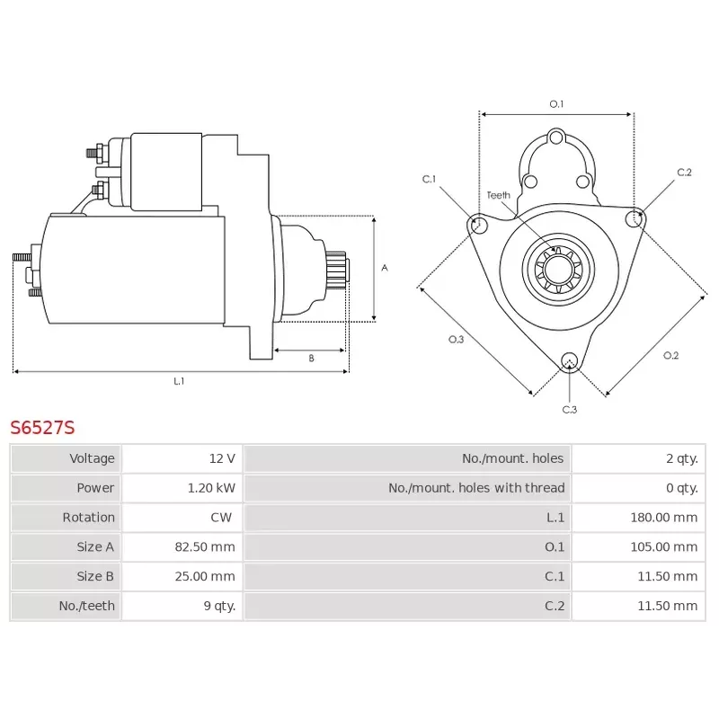 Démarreur 12V 1.20kW 9 dents AS-PL UD102261S, CARGO 113893, F032113893, DENSO 128000-8460, 128000-8461