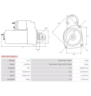 Démarreur 12V 1.00kW 9 dents AS-PL UD808822(DENSO)S, CARGO 116470