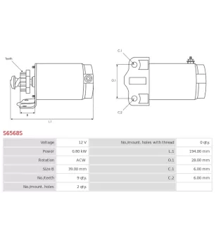 Démarreur 12V 0.80Kw 9 dents DENSO 228000-6900, 228000-8050, 228000-8250, BMW 12412343511, 11447709449