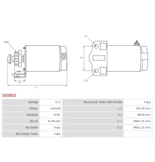 Démarreur 12V 0.60Kw 9 dents DENSO DSN2080, 228080-3411, 228000-3411, 228000-3410, DELCO RS41313
