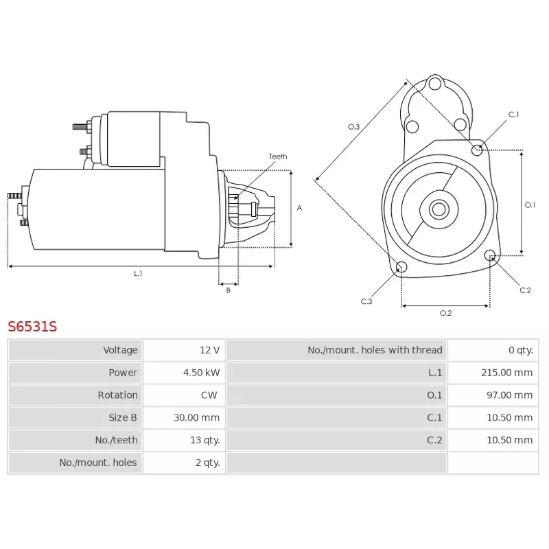 Démarreur 12V 4.50kW 13 dents AS-PL S6531S, UD101819S, DELCO DRS0999, DENSO 438000-1130, FORD EW93-11001-AB