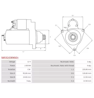 Démarreur 12V 2.00kW 9 dents AS-PL UD810320(DENSO)S