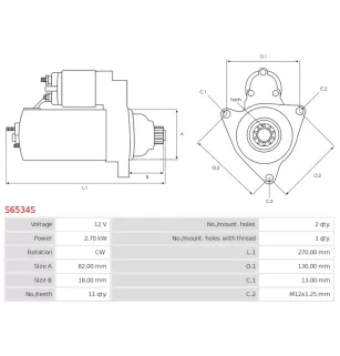 Démarreur 12V 2.70kW 11 dents AS-PL UD19718S, BOSCH 0986020591, 0986024320, CARGO 113938, 115973