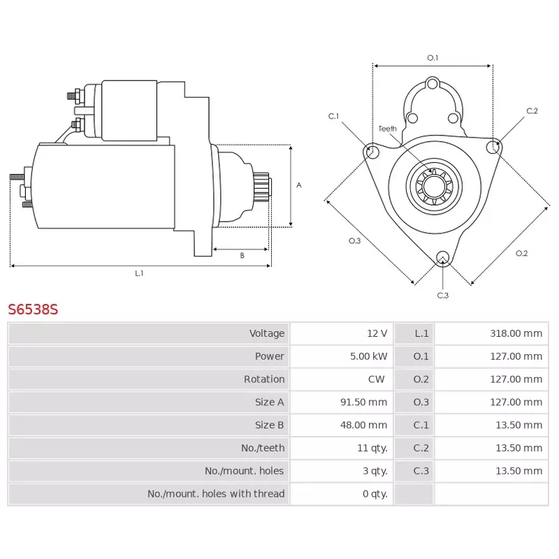 Démarreur 12V 5.00kW 11 dents AS-PL S6538S, UD100741S, DENSO 428000-5530, 428000-5531, 428000-5532