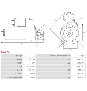 Démarreur 12V 1.70kW 15 dents AS-PL UD21481S, BMW 12418647866, 12418676404, 8647866, 8676404