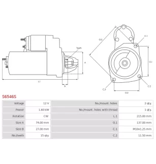 Démarreur 12V 1.60kW 15 dents AS-PL S6546S, UD19721S, DENSO 428000-6580, 428000-8600, 428000-9010