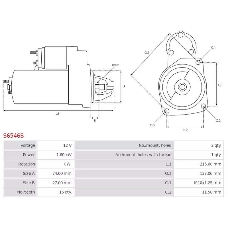Démarreur 12V 1.60kW 15 dents AS-PL S6546S, UD19721S, DENSO 428000-6580, 428000-8600, 428000-9010