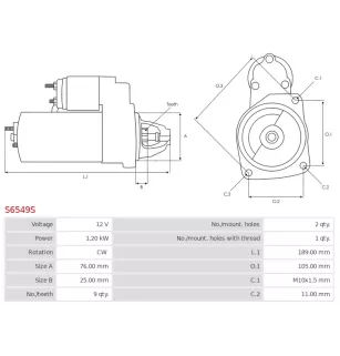 Démarreur 12V 1.20kW 9 dents AS-PL UD90585S, BMW 12417523450, 12417524843, 7523450, 7524843