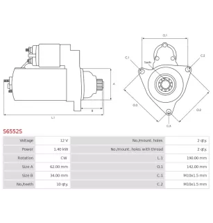 Démarreur 12V 1.40kW 10 dents AS-PL UD102236S, DENSO 428000-9620, 428080-9620, DSN1419, FORD CPLA-11001-CB