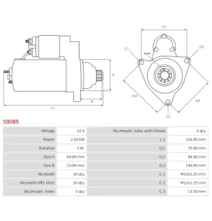 Démarreur 12V 2.20kW 10 dents AS-PL S9085, CARGO 114732, DELCO DRS0147, HYUNDAI / KIA 36100-4X210, 36100-4X211