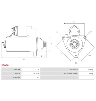 Démarreur 12V 2.20kW 11 dents HYUNDAI / KIA 0K71E18400, 0K71E18400A, 0K71E18400B, K71E18400, K71E18400A
