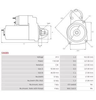 Démarreur 24V 7.50kW 12 dents AS-PL S9089, UD00770S, CARGO 110555